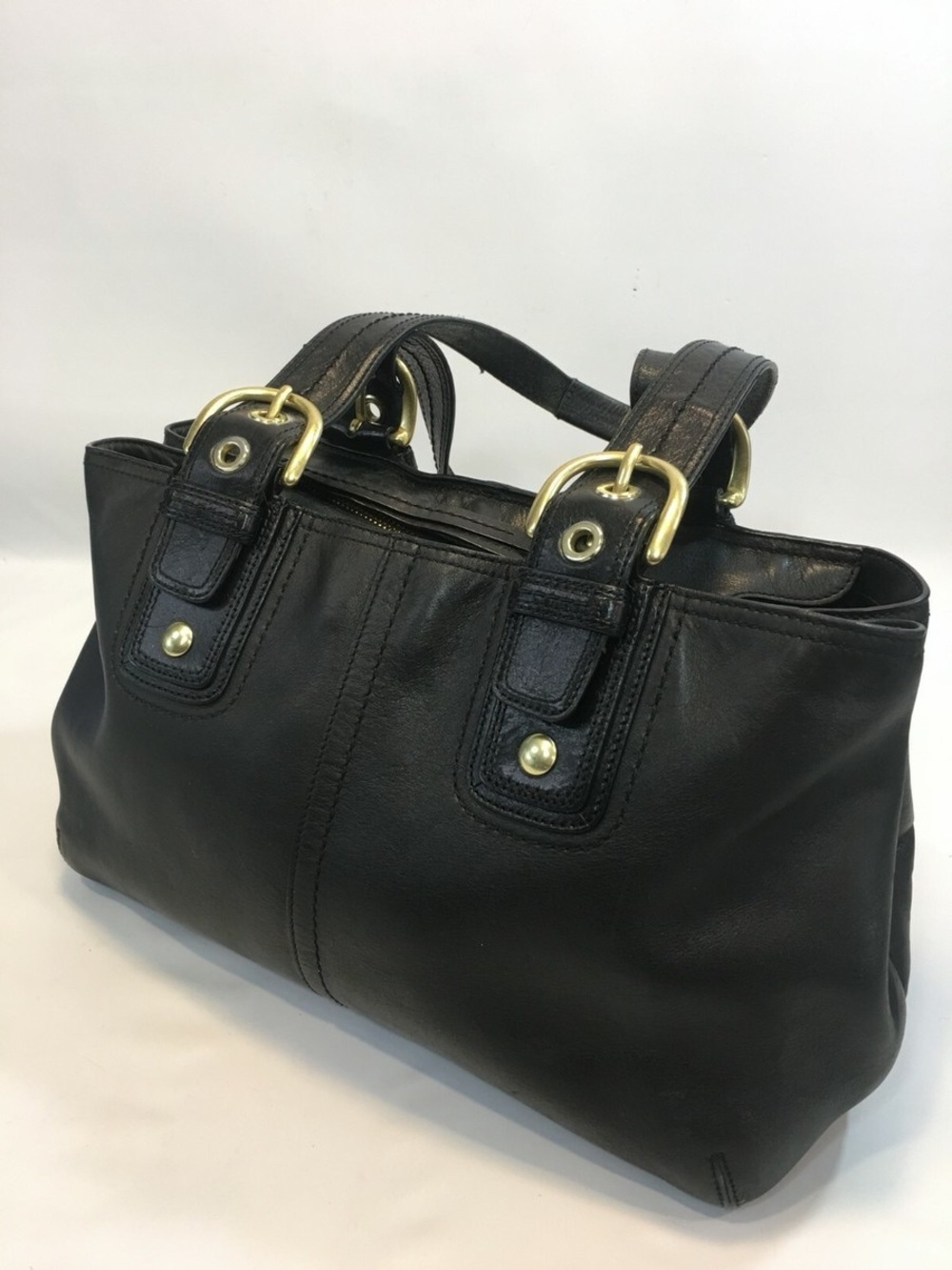 COACH Leather Satchel Bag Black Top Zip Brass Buckles A0869-11844